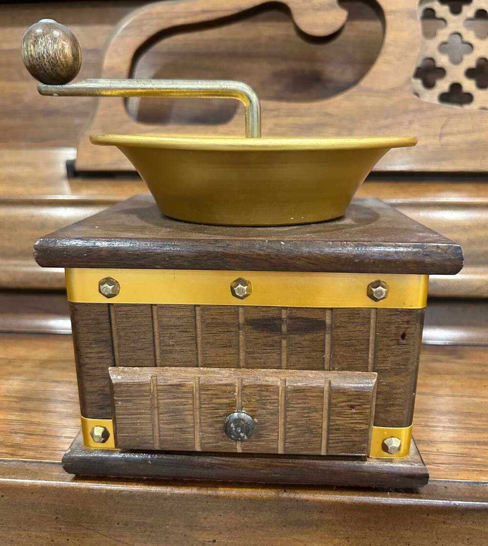Vintage Wooden Coffee Grinder Hand Crank Mill with Brass Tone Top and Drawer